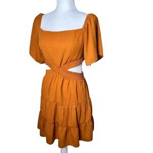 SHEIN Cut Out Tiered Mini Dress Size Small On or Off Shoulder Linen Like